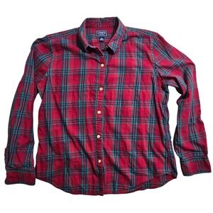 Chaps Classics Womens XL Red Green Plaid Button Down 100% Cotton Shirt Long